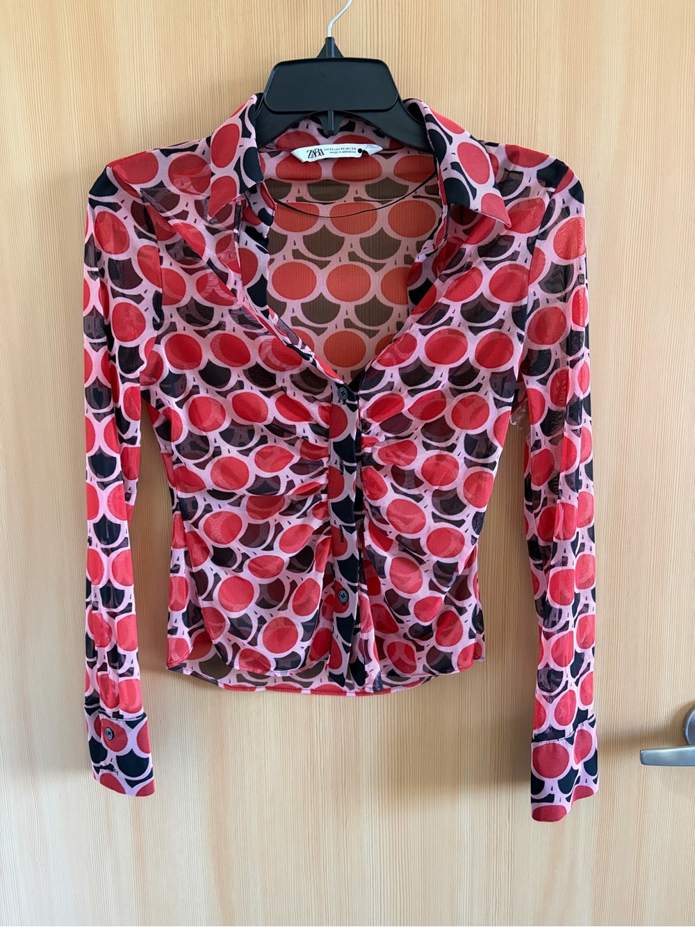 Zara Printed Mesh Button Front Top | Y2K Retro Sheer Long Sleeve | Size XS
